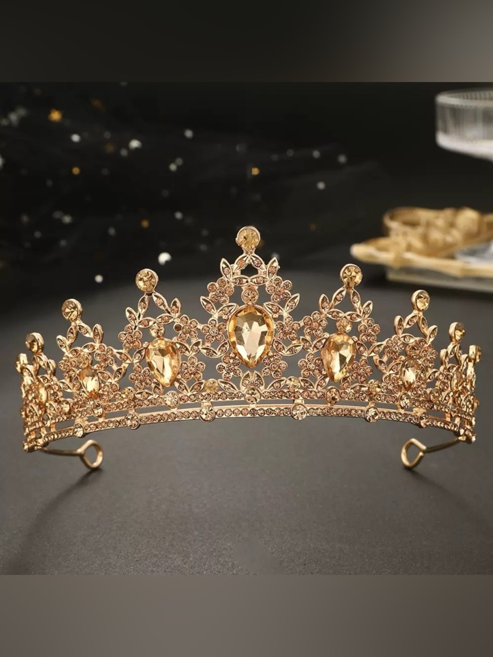 Gold Crystal Teardrop Bridal Tiara Crown for Women